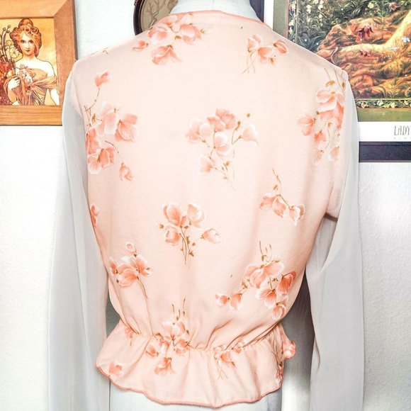 Vintage 1970s Lace Up Tie Front Sheer Flowy Coral Asymmetrical Fairy Blouse - Picture 5 of 7